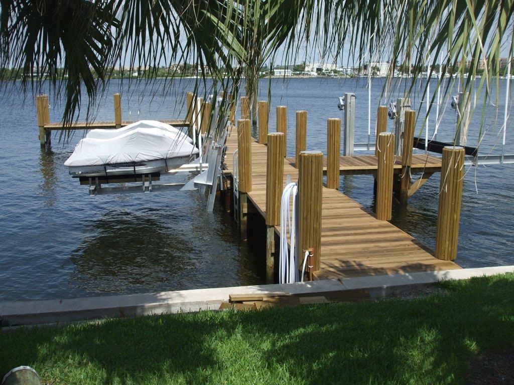 Tropical Wood Dock, Double Jet Ski Lift &amp; 16,000# Cradle Boat Lift in 