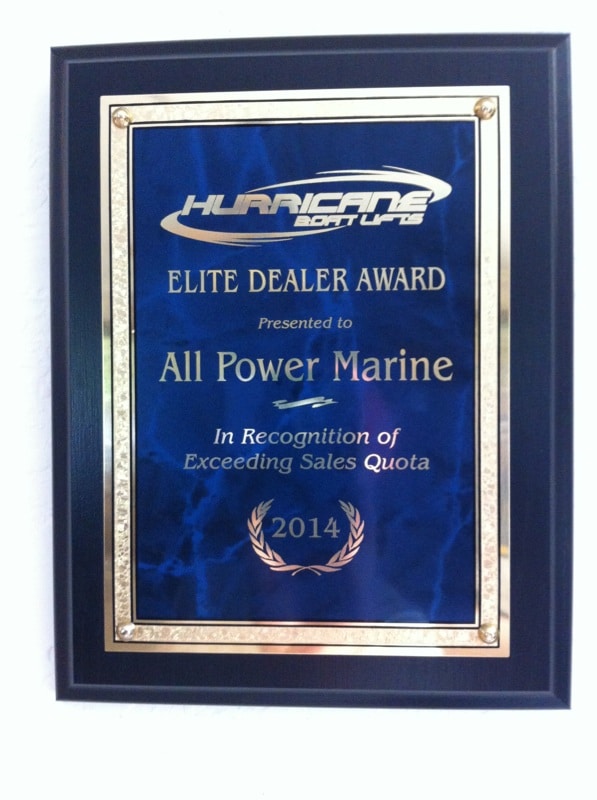 Hurricane Boat Lifts Elite Dealer Award