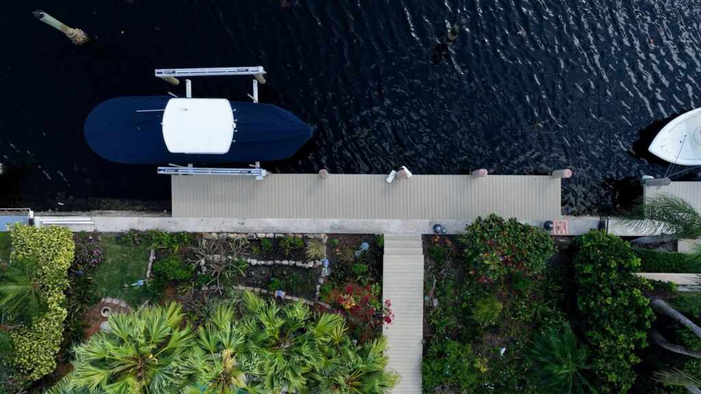 4 post boat lift and dock aerial.