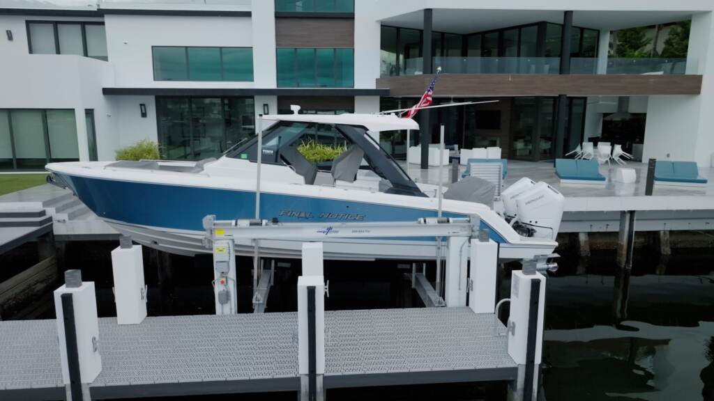 4 post boat lift with a dual console.