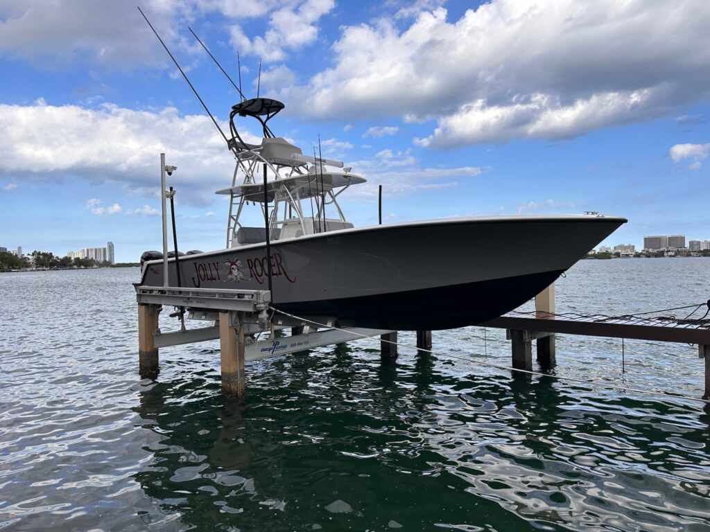 4 post boat lift with a sportfish.