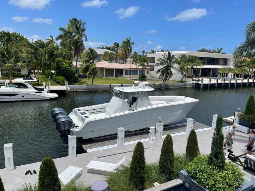 Custom platform boat lift with a center console.