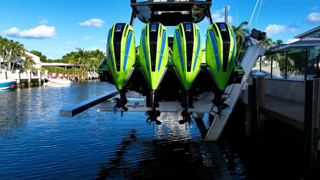 Elevator boat lift with quad outboards rear view.